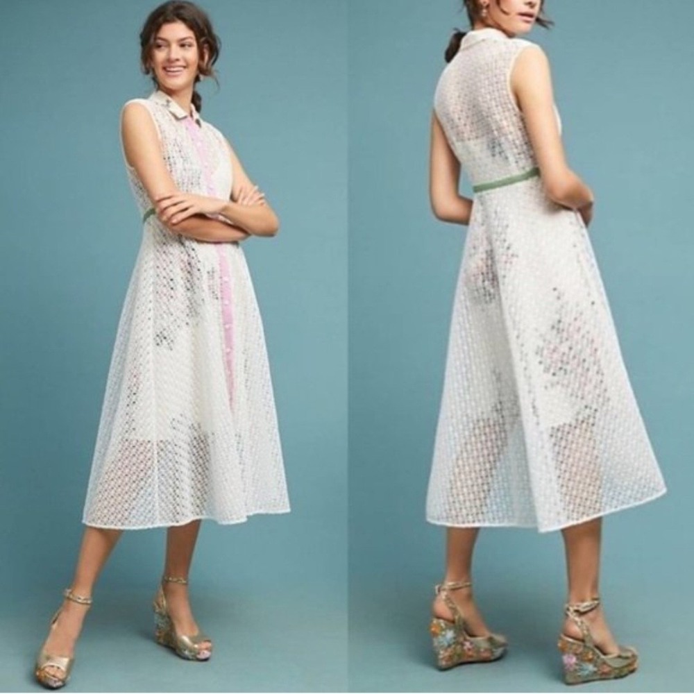 Tracy Reese X Anthropologie Sleeveless White Lace Overlay Shirtdress Midi Dress‎